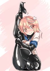 Rule 34 | 10s, 1girl, ahoge, ayuayu (shouyu no sato), black bodysuit, blush, bodysuit, bodysuit under clothes, boots, gloves, high heels, i-58 (kancolle), kantai collection, latex, latex suit, looking at viewer, pink background, pink eyes, pink hair, school uniform, serafuku, shiny clothes, smile, solo