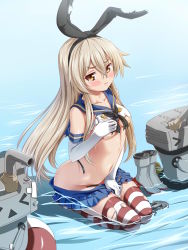 Rule 34 | 10s, 1girl, ankle boots, blonde hair, blush, boots, clothes pull, covering breasts, covering crotch, covering one breast, covering privates, elbow gloves, gloves, grey footwear, hair between eyes, hair ribbon, highres, kantai collection, kukuri (ahagon), long hair, navel, pleated skirt, ribbon, seiza, shimakaze (kancolle), shoes, sitting, skindentation, skirt, skirt pull, solo, striped clothes, striped thighhighs, submerged, tears, thighhighs, torn clothes, torn thighhighs, unworn boots, unworn shoes, very long hair, wet, yellow eyes
