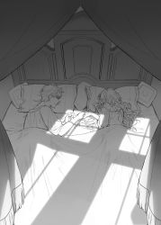 Rule 34 | 1boy, 1girl, bare shoulders, bed, blanket, curtains, facing away, from above, greyscale, guinevere, highres, holding hands, indoors, jowell she, king arthur, long hair, looking at another, lying, monochrome, off shoulder, on bed, on side, original, pajamas, pillow, profile, shared blanket, smile, under covers, window shadow