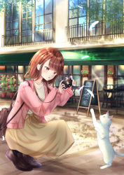 Rule 34 | 1girl, bad id, bad pixiv id, bag, black footwear, blurry, blurry background, brown eyes, brown hair, camera, cardigan, cat, chair, charm (object), commentary, concrete, cross-laced footwear, dappled sunlight, day, feathers, hair ornament, hairclip, highres, holding, holding camera, light blush, looking down, menu board, mole, mole under eye, open cardigan, open clothes, original, outdoors, parted lips, pink cardigan, plant, potted plant, railing, senri (senri sen), shirt, short hair, shoulder bag, sidewalk, sleeves past wrists, solo, squatting, storefront, sunlight, table, taking picture, tan skirt, white shirt, window