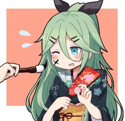 Rule 34 | 10s, 1girl, black ribbon, blush, commentary request, facepaint, floral print, flying sweatdrops, furisode, green eyes, green hair, guriin, hagoita, hair between eyes, hair ornament, hair ribbon, hairclip, hanetsuki, japanese clothes, kantai collection, kimono, long hair, new year, obi, one eye closed, out of frame, paddle, paintbrush, parted bangs, ponytail, ribbon, sash, sidelocks, solo focus, tears, yamakaze (kancolle)
