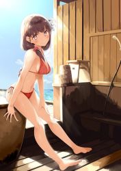 Rule 34 | bare legs, barefoot, bikini, blue sky, breasts, brown hair, cleavage, closed mouth, day, full body, hair ornament, hair over shoulder, hair scrunchie, hand on own thigh, leaning forward, looking at viewer, medium breasts, medium hair, mizoguchi keiji, navel, one side up, orange bikini, outdoors, pink eyes, scrunchie, side-tie bikini bottom, sitting, sky, smile, solo, strap gap, swimsuit