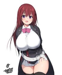Rule 34 | 1girl, amelia (maou to ore no hangyakuki), arms behind back, belt, blush, breasts, curvy, huge breasts, large breasts, long hair, looking at viewer, maou to ore no hangyakuki, open mouth, panties, purple eyes, red hair, ribbon, shirt, smile, solo, standing, string panties, thighhighs, thighs, underwear, uniform, white shirt, wide hips, yoshikawa hideaki
