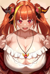 Rule 34 | 1girl, ahoge, bare shoulders, breasts, brown hair, cleavage, collarbone, dragon girl, dragon horns, highres, hololive, horns, huge ahoge, huge breasts, jewelry, kiryu coco, kiryu coco (loungewear), long hair, looking at viewer, necklace, nuezou, open mouth, pointy ears, red eyes, smile, solo, strap pull, twintails, upper body, virtual youtuber