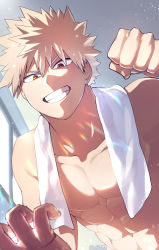 Rule 34 | 1boy, abs, absurdres, bakugou katsuki, blonde hair, boku no hero academia, clenched hand, clenched teeth, collarbone, covered erect nipples, day, from below, grin, highres, imminent punch, indoors, lens flare, light particles, looking at viewer, male focus, muscular, muscular male, red eyes, scar, scar on hand, short hair, smile, solo, spiked hair, sunlight, teeth, topless male, towel, towel around neck, twitter username, v-shaped eyebrows, watermark, yazaki (yazakc)