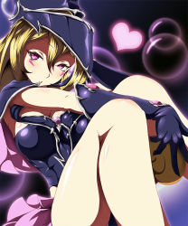 Rule 34 | arm between legs, black dress, black gloves, black hat, blush stickers, breasts, commentary, danpu, dress, duel monster, gloves, hat, heart, large breasts, magi magi magician gal, no panties, pink skirt, purple background, purple eyes, skirt, solo, staff, thighs, wizard hat, yellow eyes, yu-gi-oh!