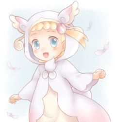 Rule 34 | 10s, alternate color, asymmetrical hair, audino (cosplay), blonde hair, blue eyes, blush, bonnie (pokemon), child, cosplay, costume, creatures (company), game freak, gradient background, highres, hood, hoodie, looking at viewer, nintendo, open mouth, pokemon, pokemon xy, porocha, shiny skin