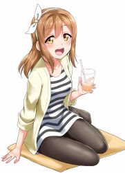 Rule 34 | :d, black pantyhose, blush, bow, brown hair, cardigan, commentary request, cup, cushion, dress, drinking glass, drinking straw, hair bow, hairband, holding, holding cup, holding drinking glass, kunikida hanamaru, light blush, long hair, looking at viewer, love live!, love live! school idol festival, love live! sunshine!!, nail polish, no shoes, open mouth, pantyhose, pink nails, short dress, simple background, sitting, sleeves rolled up, smile, solo, striped clothes, striped dress, white background, yellow cardigan, yellow eyes, yokozuwari, yopparai oni