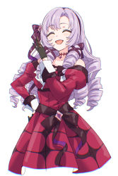 Rule 34 | 1girl, bare shoulders, black gloves, closed eyes, commentary request, dress, drill hair, gloves, hand on own hip, highres, hyakumantenbara salome, hyakumantenbara salome (1st costume), karahai (31448823), laughing, light purple hair, long hair, long sleeves, nijisanji, open mouth, parted bangs, red dress, simple background, smile, solo, virtual youtuber, white background