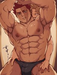 Rule 34 | 2boys, abbbby 28, abs, bara, black male underwear, blonde hair, blue eyes, boku no hero academia, bulge, burn scar, endeavor (boku no hero academia), hawks (boku no hero academia), highres, large pectorals, looking at another, male focus, male underwear, multiple boys, muscular, muscular male, navel, nipples, pectorals, red hair, scar, scar on face, translation request, underwear, yaoi