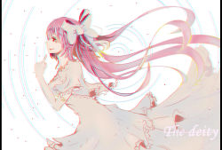 Rule 34 | 10s, 1girl, bow, chromatic aberration, comb (suz), dress, elbow gloves, english text, finger to face, frilled dress, frills, from side, gloves, hair blowing, hair bow, highres, kaname madoka, layered dress, long hair, mahou shoujo madoka magica, mahou shoujo madoka magica (anime), pink hair, red eyes, ripples, smile, solo, ultimate madoka, very long hair, white background, white bow, white gloves