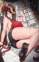 Rule 34 | 1girl, absurdres, ahoge, alternate breast size, architecture, arm support, armpits, ass, bare legs, bead bracelet, beads, black footwear, black nails, black shorts, blush, bracelet, breasts, brown hair, chinese commentary, claw pose, covered erect nipples, ctrlz77, cum in footwear, cum on body, cum on feet, day, east asian architecture, female focus, flower, flower-shaped pupils, full body, genshin impact, ghost, gradient hair, hair between eyes, hair flower, hair ornament, hanging scroll, highres, hu tao (genshin impact), indoors, jewelry, large breasts, legs, legs together, long hair, long sleeves, looking at viewer, multicolored hair, nail polish, no headwear, puckered lips, red eyes, red hair, red shirt, ribbed shirt, scroll, shirt, shoes, short shorts, shorts, sitting, sleeveless, sleeveless shirt, solo, sunlight, sweat, symbol-shaped pupils, thighs, twintails, two-tone hair, very long hair