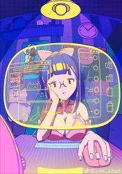Rule 34 | 1girl, analog clock, animated, animated gif, bare shoulders, blue hair, bow, box, bra, breast rest, breasts, cat, ceiling light, cleavage, clock, clothes, dark room, desk, freckles, glasses, hair bow, head rest, highres, indoors, internet, keyboard (computer), large breasts, long hair, monitor, mouse (computer), original, pink bow, pink bra, poster (object), shelf, solo, strap slip, twitter username, underwear, upper body, yodok