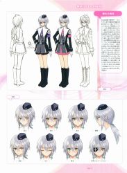 Rule 34 | 1girl, angry, blush, boots, character sheet, concept art, expressions, eyepatch, closed eyes, gloves, green eyes, hair ornament, hand on own hip, happy, hat, heterochromia, highres, knee boots, low ponytail, marion lu shila, military, military uniform, multiple views, pleated skirt, shining (series), shining resonance, shorts, simple background, skirt, smile, tony taka, turnaround, uniform, variations, yellow eyes