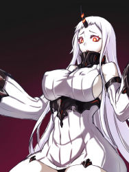 Rule 34 | 10s, 1girl, abyssal ship, bare shoulders, breasts, detached sleeves, dress, covered erect nipples, horns, kantai collection, large breasts, long hair, looking at viewer, oukawa yuu, pale skin, red eyes, ribbed dress, seaport princess, short dress, sideboob, single horn, solo, very long hair, white hair