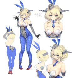 Rule 34 | 1girl, absurdres, animal ears, ass, bare legs, blonde hair, blue eyes, blue necktie, blue pantyhose, bow, breasts, cleavage, colorado (kancolle), commentary request, commission, cowboy shot, detached collar, fishnet pantyhose, fishnets, headgear, highres, kantai collection, kiyama satoshi, large breasts, leotard, looking at viewer, multiple views, necktie, pantyhose, playboy bunny, rabbit ears, rabbit tail, short hair, side-tie leotard, simple background, skeb commission, smile, standing, strapless, strapless leotard, tail, upper body, white background, white footwear, white leotard, wrist cuffs