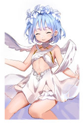 Rule 34 | 1girl, ^ ^, bare arms, bare shoulders, blue hair, closed eyes, collarbone, copyright request, dress, facing viewer, feathered wings, feet out of frame, flower, hair flower, hair ornament, highres, parted lips, rero (bigdoorbig2), short hair, sitting, solo, white background, white dress, white flower, white wings, wings