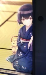 Rule 34 | 1girl, absurdres, bad id, bad pixiv id, black hair, blue kimono, blurry, closed mouth, commentary, cotrpopor, day, depth of field, doll, floral print, flower, fusuma, hair between eyes, hair bun, hair flower, hair ornament, highres, idolmaster, idolmaster shiny colors, indoors, japanese clothes, kimono, light rays, light smile, long sleeves, looking at viewer, morino rinze, obi, print kimono, purple flower, red eyes, sash, seiza, shade, short hair, sidelocks, single hair bun, sitting, sliding doors, solo, straw doll, sunlight, symbol-only commentary, tatami, white background, wide sleeves, zipper, zipper pull tab