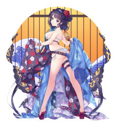 Rule 34 | 1girl, absurdres, arched back, ass, bad id, bad pixiv id, bare legs, bare shoulders, belt, bikini, black flower, blue eyes, breasts, fate/grand order, fate (series), floral print, flower, full body, hair flower, hair ornament, highres, katsushika hokusai (fate), katsushika hokusai (swimsuit saber) (fate), legs, long hair, looking at viewer, looking back, low twintails, may (2747513627), medium breasts, parted lips, pink lips, platform clogs, platform footwear, purple hair, red footwear, sideboob, solo, standing, swimsuit, tentacles, thigh strap, twintails, very long hair, white bikini, wristband