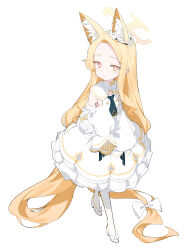 Rule 34 | 1girl, absurdres, animal ear fluff, animal ears, blonde hair, blue archive, blush, closed mouth, detached sleeves, dress, extra ears, fox ears, full body, halo, high heels, highres, honi (honi1010), long hair, looking at viewer, pantyhose, seia (blue archive), simple background, sleeves past fingers, sleeves past wrists, smile, solo, striped clothes, striped pantyhose, vertical-striped clothes, vertical-striped pantyhose, white background, white dress, white footwear, white pantyhose, white sleeves, yellow halo