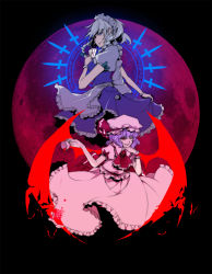 Rule 34 | 2girls, ann606, bat wings, card, head rest, clock, cup, female focus, full moon, glowing, holding, holding card, izayoi sakuya, knife, maid, moon, multiple girls, one eye closed, playing card, pocket watch, red eyes, red moon, remilia scarlet, short hair, skirt hold, smile, spill, teacup, throwing knife, touhou, watch, weapon, wings, wink