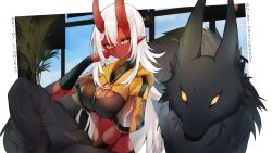 Rule 34 | 1girl, akumi (yoclesh), black pants, breasts, cleavage, cleavage cutout, clothing cutout, colored skin, commentary, commentary request, english commentary, hair between eyes, highres, horns, indie virtual youtuber, jin grey paladin, lion2610, long hair, looking at viewer, pants, pointy ears, red skin, sitting, smile, solo, virtual youtuber, white hair, yellow eyes
