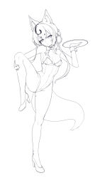 Rule 34 | 1girl, animal ears, aningay, bare shoulders, bow, bowtie, braid, breasts, closed mouth, fox ears, fox girl, fox tail, full body, greyscale, head tilt, high heels, highres, holding, holding tray, leotard, looking at viewer, monochrome, original, shoes, short eyebrows, simple background, small breasts, solo, standing, standing on one leg, strapless, strapless leotard, tail, thick eyebrows, tray, white background, wrist cuffs