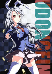 Rule 34 | 1girl, animal ears, commentary, dual wielding, f kz, female focus, gun, holding, jacket, kz nagomiya, long hair, long sleeves, necktie, open mouth, pointing, pointing at viewer, rabbit ears, red eyes, red necktie, reisen udongein inaba, shells, shirt, silver hair, skirt, smoke, smoking barrel, solo, submachine gun, thighhighs, touhou, very long hair, weapon, white thighhighs, zettai ryouiki