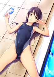 Rule 34 | 1girl, arena (company), armpits, breasts, brown hair, competition swimsuit, covered navel, covered erect nipples, from above, goggles, unworn goggles, highleg, highleg swimsuit, legs, long hair, lying, norizou type-r, one-piece swimsuit, original, pool, poolside, purple eyes, small breasts, smile, solo, swimsuit, tiles, wet