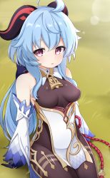 Rule 34 | 1girl, ahoge, bare shoulders, bell, black gloves, blue hair, bodysuit, breasts, brown bodysuit, commentary request, curled horns, detached sleeves, ganyu (genshin impact), genshin impact, gloves, grass, hair between eyes, highres, horns, long hair, long sleeves, looking at viewer, medium breasts, on grass, paid reward available, parted lips, red eyes, sitting, sleeves past wrists, solo, suwa yasai, very long hair, white sleeves, wide sleeves