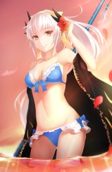 Rule 34 | 1girl, arm up, bad id, bad pixiv id, bikini, blue bikini, bow, bow bikini, breasts, cloud, collarbone, cowboy shot, dragon girl, evening, fate/grand order, fate (series), flower, frilled bikini, frills, front-tie bikini top, front-tie top, groin, hair flower, hair ornament, tucking hair, hibiscus, highres, holding, holding behind back, holding weapon, horns, kiyohime (fate), kiyohime (fate/grand order), kiyohime (swimsuit lancer) (fate), kiyohime (swimsuit lancer) (third ascension) (fate), light smile, long hair, looking at viewer, medium breasts, navel, outdoors, petals, polearm, ponytail, shawl, sky, solo, standing, sunset, swimsuit, wading, wakame mi, water, weapon, white hair, yellow eyes