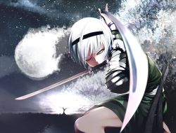 Rule 34 | 1girl, amputee, bandages, dual wielding, female focus, fk, foreshortening, full moon, green eyes, hairband, highres, holding, katana, konpaku youmu, moon, mouth hold, one eye closed, scabbard, sheath, short hair, solo, sword, tanto, torn clothes, touhou, tree, weapon, white hair, wince, wink