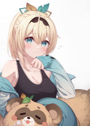 Rule 34 | 1girl, absurdres, alternate breast size, bare shoulders, black shirt, blonde hair, blue eyes, blue jacket, blush, breasts, closed mouth, commentary request, flying sweatdrops, hair between eyes, hair ribbon, highres, hololive, jacket, kazama iroha, large breasts, looking at viewer, pokobee, ponytail, revision, ribbon, shirt, short hair, simple background, sleeveless, sleeveless shirt, sleeves past wrists, smile, solo, tang-du, upper body, virtual youtuber, white background