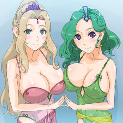 Rule 34 | 1990s (style), 2girls, asymmetrical docking, blue background, blue eyes, blush, breast press, breasts, cleavage, collarbone, earrings, final fantasy, final fantasy iv, green hair, huge breasts, jewelry, jt dong-agyoku, light smile, long hair, looking at viewer, multiple girls, non-web source, aged up, purple eyes, retro artstyle, rosa farrell, rydia (ff4)