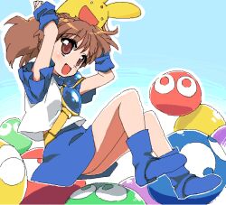 Rule 34 | 1girl, :d, animal, animal on head, arle nadja, arms up, blue background, blue footwear, blue skirt, brown eyes, brown hair, full body, jaggy lines, looking at another, oekaki, on head, open clothes, open mouth, outline, ponytail, puyo (puyopuyo), puyopuyo, short sleeves, sitting, skirt, smile, tagme, tonbi, white outline