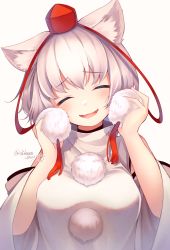 Rule 34 | 1girl, animal ears, bare shoulders, blush, breasts, chikuwa savy, detached sleeves, closed eyes, hat, highres, inubashiri momiji, large breasts, open mouth, pom pom (clothes), ribbon-trimmed sleeves, ribbon trim, shirt, short hair, silver hair, simple background, sleeveless, sleeveless shirt, solo, tokin hat, touhou, turtleneck, white background, white shirt, wolf ears