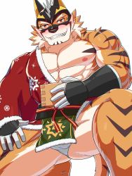 Rule 34 | 1boy, abs, animal ears, bara, bare pectorals, beige fur, blush, covered testicles, drunk, facial hair, feet out of frame, fundoshi, furry, furry male, gluteal fold, goatee, grin, hadanugi dousa, highres, horumu (norubahu), japanese clothes, live a hero, looking at viewer, male focus, mask, muscular, muscular male, nipples, official alternate costume, on one knee, open kimono, orange fur, pectorals, pelvic curtain, ryekie (live a hero), seductive smile, short hair, single bare shoulder, smile, solo, thick thighs, thighs, tiger boy, tiger ears, two-tone fur