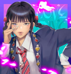 Rule 34 | 076kim, 1girl, absurdres, black eyes, black hair, blazer, blue jacket, blue nails, border, braid, collared shirt, hair behind ear, hair ribbon, hand on own hip, heart, heart in eye, highres, ive (group), jacket, k-pop, leaning to the side, light particles, looking at viewer, love dive (ive), multicolored nails, nail polish, necktie, parted lips, pink nails, portrait, purple border, real life, red necktie, red ribbon, rei (ive), ribbon, shirt, solo, song name, symbol in eye, twin braids, white shirt