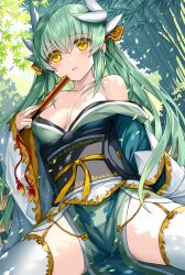 Rule 34 | 1girl, bare shoulders, blush, breasts, cleavage, collarbone, commentary request, dragon girl, dragon horns, fate/grand order, fate (series), folding fan, green hair, hand fan, highres, holding, holding fan, horns, japanese clothes, kiyohime (fate), large breasts, long hair, long sleeves, looking at viewer, morizono shiki, outdoors, parted lips, solo, spread legs, thighhighs, thighs, white thighhighs, yellow eyes