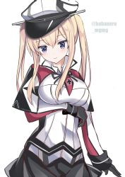 Rule 34 | 1girl, black gloves, blonde hair, breasts, capelet, cowboy shot, cross, fathom, gloves, graf zeppelin (kancolle), grey eyes, hair between eyes, hat, highres, iron cross, kantai collection, large breasts, long hair, military, military uniform, miniskirt, necktie, peaked cap, red necktie, sidelocks, simple background, skirt, solo, twintails, twitter username, uniform, white background