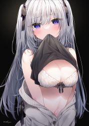 Rule 34 | 1girl, absurdres, artist name, bad id, bad pixiv id, bare shoulders, biting, black background, black shirt, blush, bow, bra, breasts, cleavage, closed mouth, clothes lift, commentary request, hair bow, hair strand, highres, long hair, long sleeves, looking at viewer, mafuyu (chibi21), messy hair, midriff, navel, off shoulder, original, purple eyes, shirt, shirt lift, sidelocks, silver hair, solo, sweater, two side up, underwear, upper body, white bra
