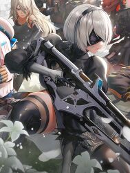 Rule 34 | 2b (nier:automata), 2girls, a2 (nier:automata), ammunition, android, anis (nikke), artist request, assault rifle, backlighting, bare shoulders, bayonet, black blindfold, black dress, black footwear, black hairband, black thighhighs, blindfold, blue eyes, boots, breasts, bullpup, closed mouth, cropped, crossover, dress, elbow gloves, facing viewer, feather-trimmed sleeves, feather trim, gloves, goddess of victory: nikke, grass, grey hair, gun, hair between eyes, hairband, highres, holding, holding gun, holding weapon, impossible clothes, joints, juliet sleeves, kel-tec ksg, large breasts, leotard, light particles, long hair, long sleeves, looking afar, lunar tear, multiple girls, neon (nikke), nier:automata, nier (series), official art, pod (nier:automata), puffy long sleeves, puffy sleeves, pump action, rapi (nikke), rifle, robot joints, shiny footwear, short hair, shotgun, shotgun shell, skindentation, thick thighs, thigh boots, thighhighs, thighs, third-party edit, toned, trigger discipline, vambraces, weapon, white hair, white leotard