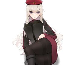 Rule 34 | 1girl, absurdres, ak74m (girls&#039; frontline), beret, black footwear, black jacket, black pantyhose, blonde hair, blush, boots, breasts, feet out of frame, girls&#039; frontline, hat, highres, jacket, long hair, looking at viewer, lying, medium breasts, on back, open mouth, pantyhose, purple eyes, red skirt, skirt, solo, tactical clothes, uniform, white background, yanagui