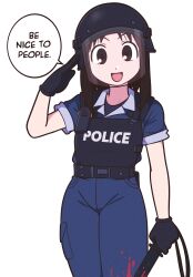 Rule 34 | 1girl, absurdres, azumanga daiou, black eyes, black gloves, blood, blood on clothes, bloody weapon, blue pants, brown hair, bulletproof vest, cargo pants, commentary, cowboy shot, english text, gloves, helmet, highres, holding, holding knife, jeff miga, kasuga ayumu, knife, open mouth, pants, salute, smile, solo, v-shaped eyebrows, visor (armor), walkie-talkie, weapon