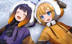 Rule 34 | 2girls, :d, animal ears, bad id, bad pixiv id, blonde hair, blue eyes, blush, closed eyes, dog ears, fang, fur-trimmed hood, fur trim, goggles, goggles around neck, hair ornament, highres, hololive, hololive english, hood, lying, maru ccy, multiple girls, ninomae ina&#039;nis, on back, open mouth, parka, purple hair, scarf, smile, snow, tentacle hair, virtual youtuber, watson amelia, we were here too
