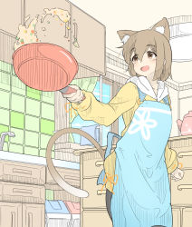 Rule 34 | 1girl, animal ear fluff, animal ears, apron, artist request, bad id, bad pixiv id, brown eyes, brown hair, cat ears, cooking, food, fried rice, frying pan, highres, holding, hood, hoodie, indoors, kitchen, open mouth, original, solo, tail