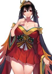 Rule 34 | 1girl, absurdres, ahoge, azur lane, bare shoulders, black hair, breasts, cleavage, collarbone, commentary request, crossed bangs, feather-trimmed sleeves, finger to mouth, hair between eyes, hair ribbon, highres, huge breasts, japanese clothes, kimono, long hair, long sleeves, looking at viewer, mask, mask on head, obi, off shoulder, open mouth, red eyes, red kimono, ribbon, sash, simple background, solo, standing, striped ribbon, taihou (azur lane), twintails, very long hair, white background, wide sleeves, yamanokami eaka