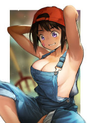 Rule 34 | 1girl, :d, armpits, arms behind head, arms up, bandaid, bandaid on face, bare arms, bare shoulders, baseball cap, blurry, blurry background, border, breasts, brown hair, cleavage, collarbone, denim, grin, hair between eyes, hat, large breasts, looking to the side, naked overalls, no bra, open clothes, open mouth, outside border, overalls, purple eyes, red hat, sideboob, sitting, sleeveless, smile, solo, twinpoo, upper body, white border