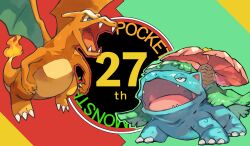 Rule 34 | anniversary, bright pupils, charizard, claws, commentary request, copyright name, creatures (company), dragon, fangs, flame-tipped tail, game freak, gara (qbeuxvii22), gen 1 pokemon, green eyes, highres, nintendo, open mouth, pokemon, standing, tongue, venusaur