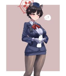 Rule 34 | ...?, 1girl, absurdres, animal ears, black eyes, black hair, black pantyhose, black skirt, blue archive, blue hat, bow, bowtie, breasts, buttons, collared shirt, doodle sensei (blue archive), extra ears, feet out of frame, gloves, hair ornament, halo, hat, highres, large breasts, long sleeves, official alternate costume, pantyhose, red bow, red bowtie, red halo, sensei (blue archive), shirt, short hair, skirt, soldat (dndosld73832), solo, tsubaki (blue archive), tsubaki (guide) (blue archive), white gloves, white shirt